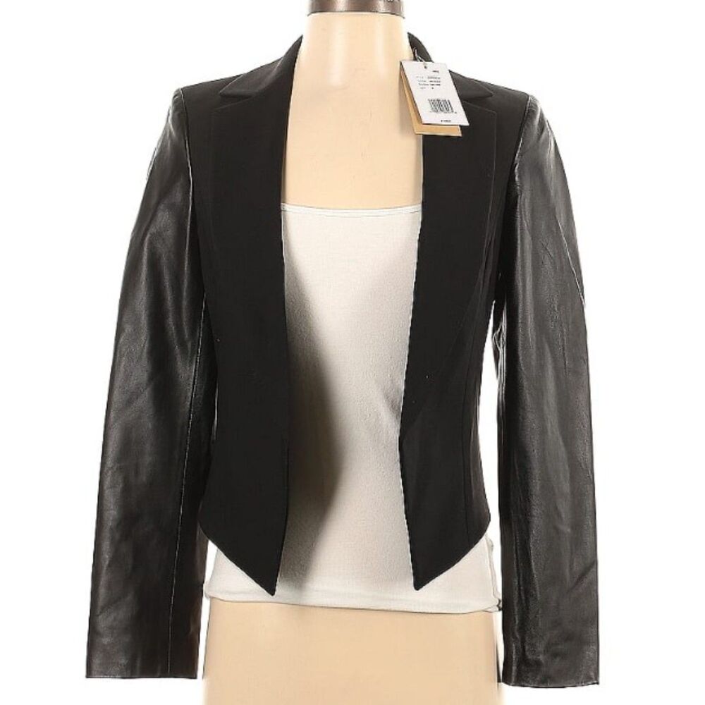 NWT Michael Kors Collection Black with Leather Sleeves Size 0 Retails $1495